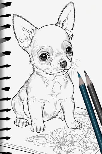 coloring book page for kids. happy baby chihuahua cute puppy. cartoon style. white background. clean art line. fine art line --ar 2:3