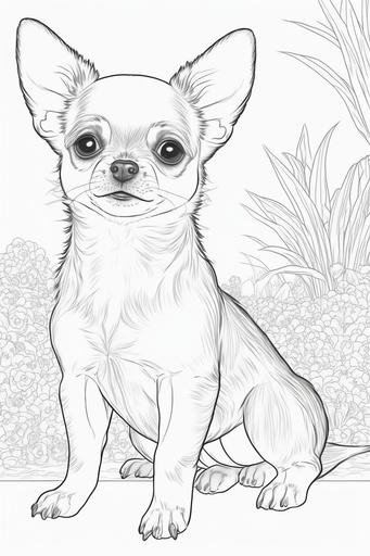 coloring book page for kids. happy baby chihuahua cute puppy. cartoon style. white background. clean art line. fine art line --ar 2:3