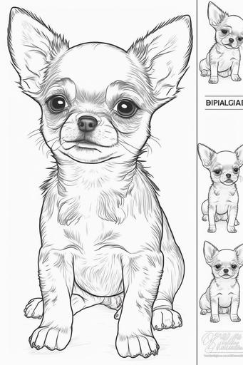 coloring book page for kids. happy baby chihuahua cute puppy. cartoon style. white background. clean art line. fine art line --ar 2:3