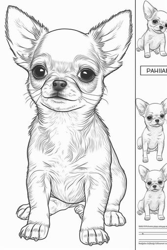 coloring book page for kids. happy baby chihuahua cute puppy. cartoon style. white background. clean art line. fine art line --ar 2:3