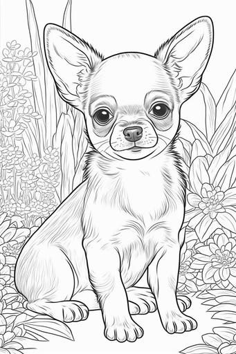 coloring book page for kids. happy baby chihuahua cute puppy. cartoon style. white background. clean art line. fine art line --ar 2:3