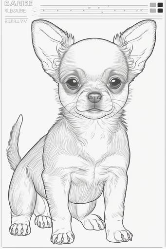 coloring book page for kids. happy baby chihuahua cute puppy. cartoon style. white background. clean art line. fine art line --ar 2:3