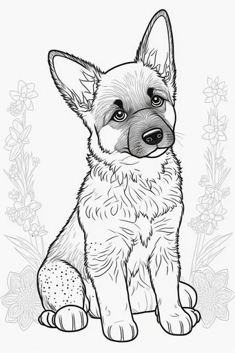 coloring book page for kids. happy baby german shepherd cute puppy. cartoon style. white background. clean art line. fine art line --ar 2:3