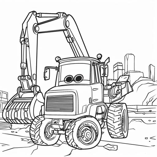 coloring book page for toddlers of construction vehicles in the style of pixar