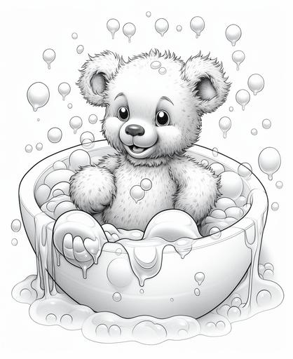 coloring book page, kids illustration, soapy cute teddy bear covered in soap bubbles, cartoon style, thick lines, low detail, no shading --ar 9:11