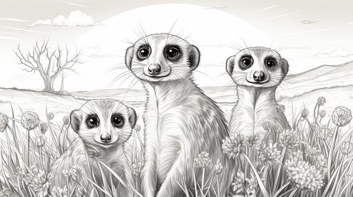 coloring book page meerkats cute in the savanna --ar 16:9