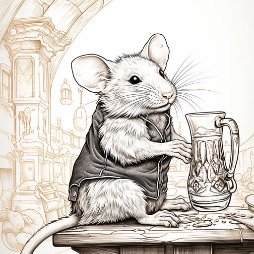 coloring book page, mouse drinking a refreshing schooner of beer on a bar countertop on a hot day, intricate, highly detailed