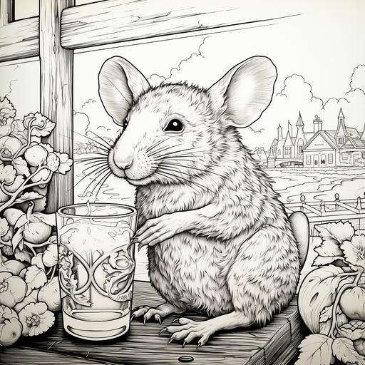 coloring book page, mouse drinking a refreshing schooner of beer on a bar countertop on a hot day, intricate, highly detailed