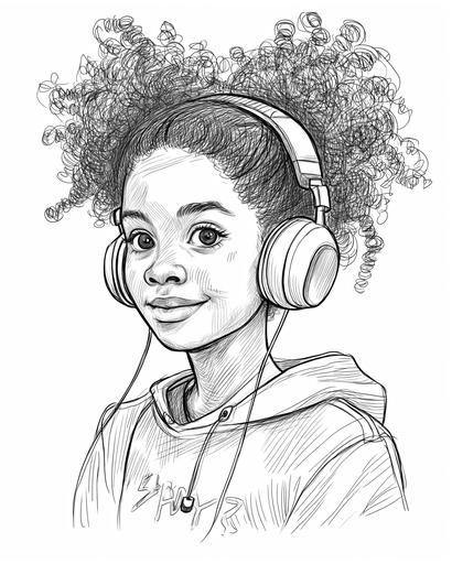 coloring book page of a mixed race girl 8-10 years old with a pompom pigtails hairstyle and headphones plugged into an old walkman CD player thick lines, black and white, no shading --ar 4:5 --v 6.0