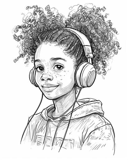 coloring book page of a mixed race girl 8-10 years old with a pompom pigtails hairstyle and headphones plugged into an old walkman CD player thick lines, black and white, no shading --ar 4:5 --v 6.0