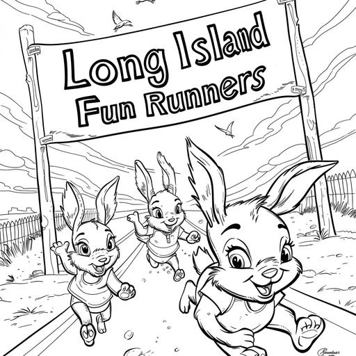 coloring book page young animals running at a track meet. Above is a banner reading 