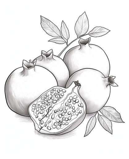 coloring book page. Simple line-work, white background, cartoon pomegranates, cartoon style, simple style, thick dark lines, black and white, low details, no grading, no black background, no shading --ar 9:11