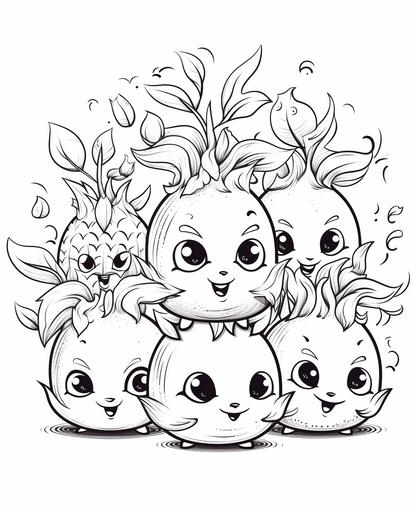 coloring book page. Simple line-work, white background, cartoon pomegranate characters with faces, cartoon style, simple style, thick dark lines, black and white, low details, no grading, no black background, no shading --ar 9:11