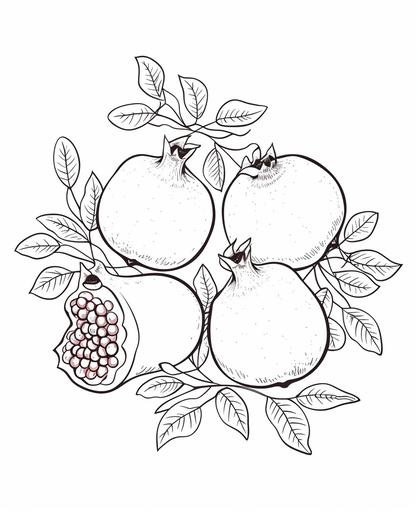 coloring book page. Simple line-work, white background, cartoon pomegranate characters with faces, cartoon style, simple style, thick dark lines, black and white, low details, no grading, no black background, no shading --ar 9:11