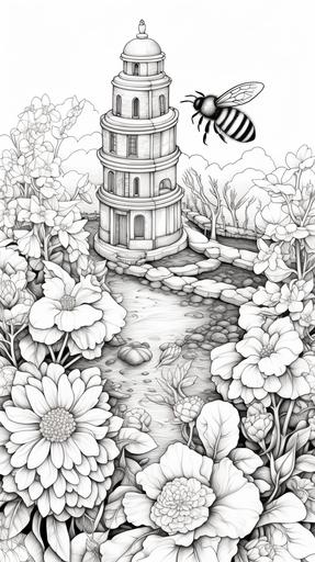 coloring book page,Beehive, flowers garden, thick lines, no shading --ar 9:16