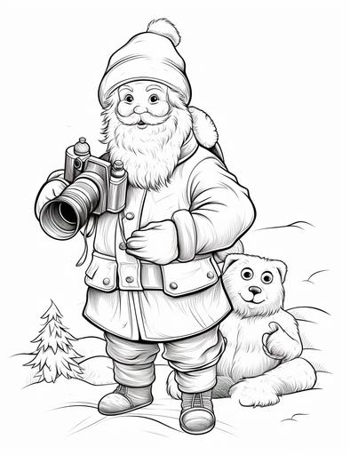 coloring book pages, Santa Claus taking a picture with a snowman, cartoon styles, low detail, no shading, --ar 85:110