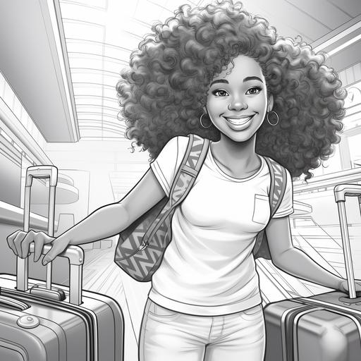 coloring book pages, black and white thick lines, black girl with curly wavy hair, Pixar character style, traveling with luggage happy, excited
