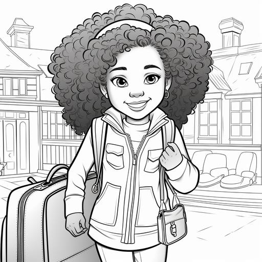 coloring book pages, black and white thick lines, black girl 3-4 year old, with curly wavy hair, Pixar character style, traveling with luggage happy, excited, smiling