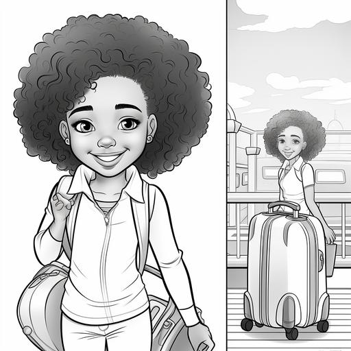 coloring book pages, black and white thick lines, black girl 3-4 year old, with curly wavy hair, Pixar character style, traveling with luggage happy, excited, smiling