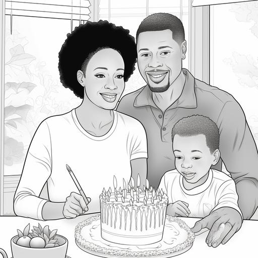coloring book pages for adults, african american family happy at home with son blowing birthday cake, growth of virtues theme, realistic sentimental style, crisp thick black lines, black and white only, no shading, ar 85x110