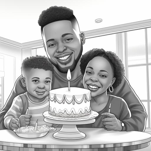 coloring book pages for adults, african american family happy at home with son blowing birthday cake, growth of virtues theme, realistic sentimental style, crisp thick black lines, black and white only, no shading, ar 85x110