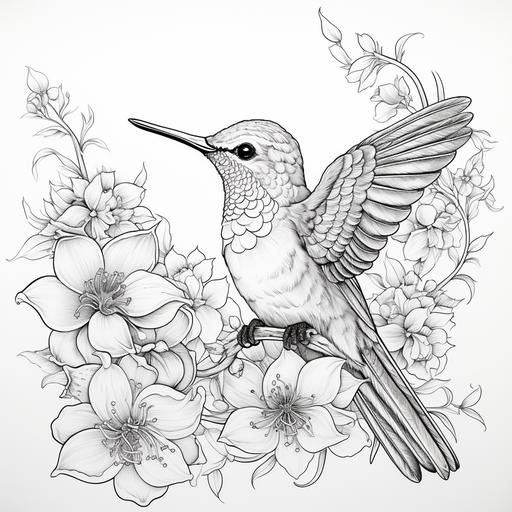 coloring book pages, hummingbird, flowers, cartoon disney styles, thin lines, low detail, no