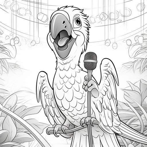 coloring book pages, parrot on stage sings into a microphone, cartoon disney styles, thin lines, low detail, no shading