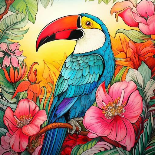 coloring book pages, toucan, flowers, cartoon disney styles, thin lines, low detail, no shading