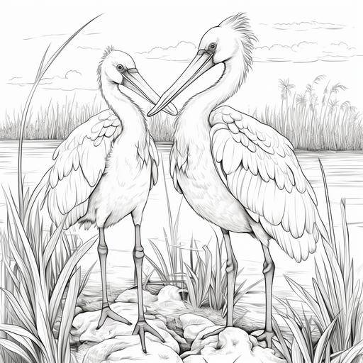 coloring book pages,two storks, lake, cartoon trio in feathers, disney styles, thin lines, low detail, no shading