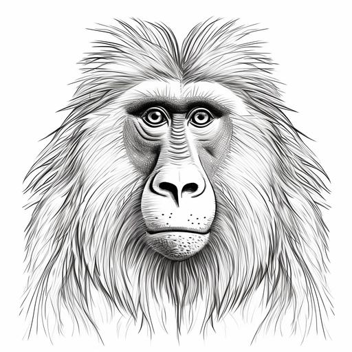 coloring book, portrait of baboon, cartoon style, full body, crisp lines, black and white