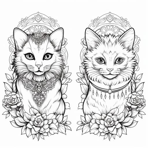 coloring cards for adults with cats in different yoga symbols in ornament clothes, with beautiful flowers, crowns and necklaces