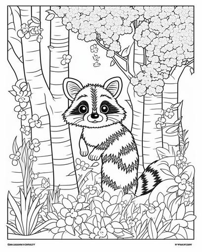 coloring page A curious raccoon peeking out from behind a tree, with a vibrant spring forest all around: The scene features a curious raccoon peeking out from behind a tall tree, with a lush spring forest all around. The forest is filled with colorful trees and bushes, with blossoming flowers like cherry blossoms, dogwoods, and azaleas. The raccoon has a playful expression, and its fur is detailed with contrasting shades of black and gray , --ar 4:5