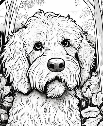 coloring page, a golden doodle, big eyes, , cartoon style, thick lines, low detail, no shading --ar 9:11