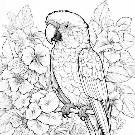 coloring page, brazilian parrot, flowers, cartoon disney styles, black and white, thin lines, low detail, no shading