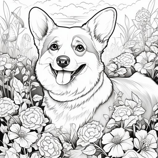 coloring page, cartoon style corgi dog surrounded by flowers, cute, happy, no gray, no grey, no color, no shade, black and white only, thick lines, low detail ar 9:11