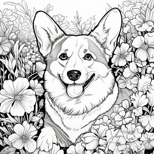 coloring page, cartoon style corgi dog surrounded by flowers, cute, happy, no gray, no grey, no color, no shade, black and white only, thick lines, low detail ar 9:11