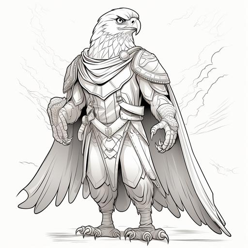 coloring page, cartoon style, falcon as a oriental armor in motion, full-length