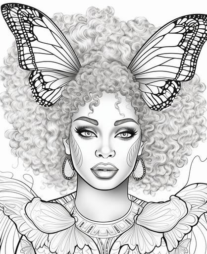 coloring page, chubby face, african butterfly goddess with big nose, big lips, cartoon style, thick lines, low detail, no shading --ar 9:11