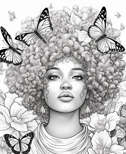 coloring page, chubby face, african goddess with an afro made of butterflies with big nose, big lips, cartoon style, thick lines, low detail, no shading --ar 9:11