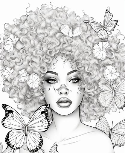 coloring page, chubby face, african goddess with an afro made of butterflies with big nose, big lips, cartoon style, thick lines, low detail, no shading --ar 9:11