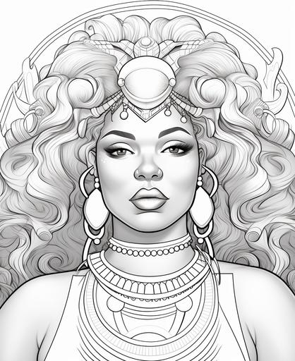 coloring page, chubby face, african mystical goddess with big nose, big lips, cartoon style, thick lines, low detail, no shading --ar 9:11