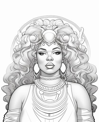 coloring page, chubby face, african mystical goddess with big nose, big lips, cartoon style, thick lines, low detail, no shading --ar 9:11