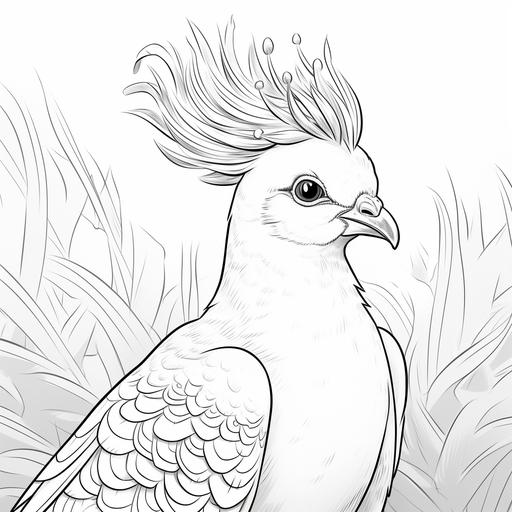 coloring page, crowned pigeon, cartoon disney styles, black and white, thin lines, low detail, no shading