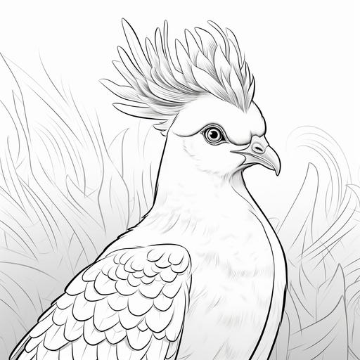coloring page, crowned pigeon, cartoon disney styles, black and white, thin lines, low detail, no shading