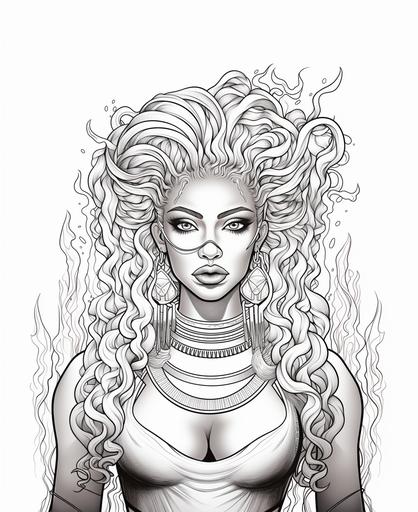 coloring page, dangerous fire goddess with big nose, big lips, big athletic body, she has braids, cartoon style, thick lines, low detail, no shading --ar 9:11