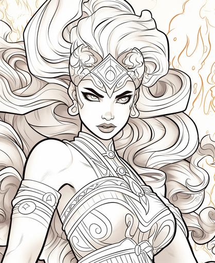 coloring page, dangerous fire goddess with big nose, big lips, big athletic body, she has braids, cartoon style, thick lines, low detail, no shading --ar 9:11