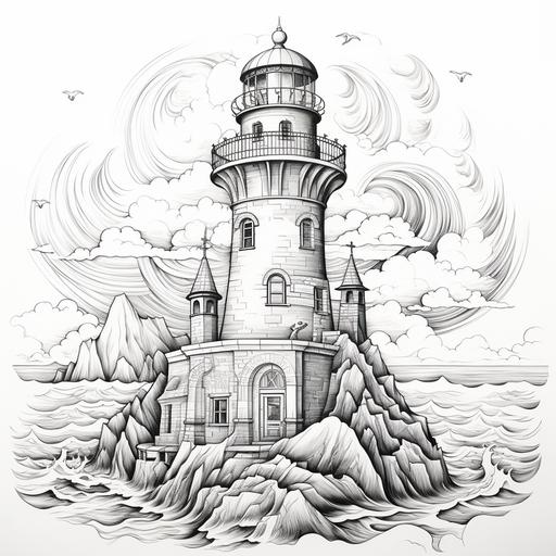 coloring page:: lighthouse, black and white, low detail, think lines, cartoon, no shading, white background