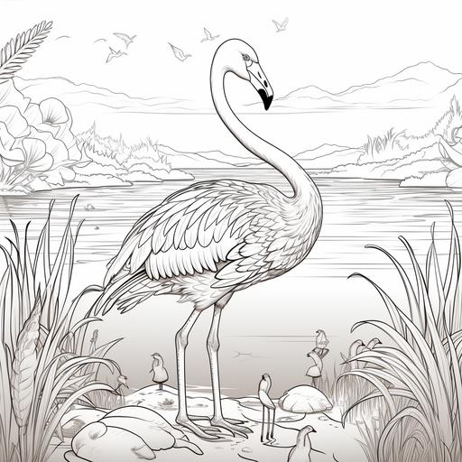 coloring page, flamingo, lake, cartoon disney styles, black and white, thin lines, low detail, no shading