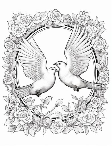coloring page, flower frame of doves, cartoon style, crisp lines, white background, low detail, no shading --ar 17:22