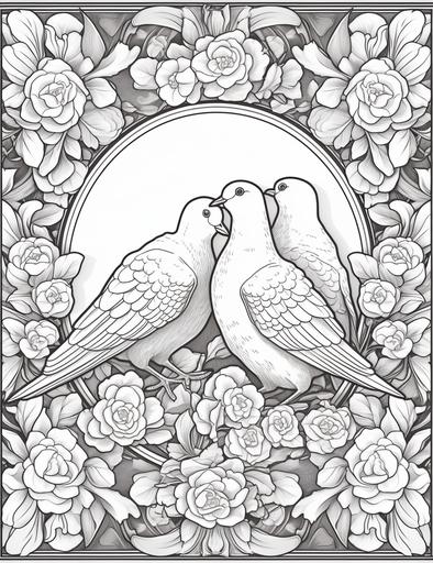 coloring page, flower frame of doves, cartoon style, crisp lines, white background, low detail, no shading --ar 17:22